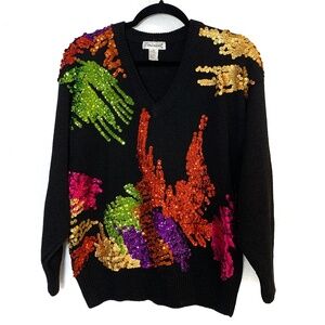 Vintage Sequin Sweater Large Black Abstract 80's 90's Goldbergs Ramie Cotton